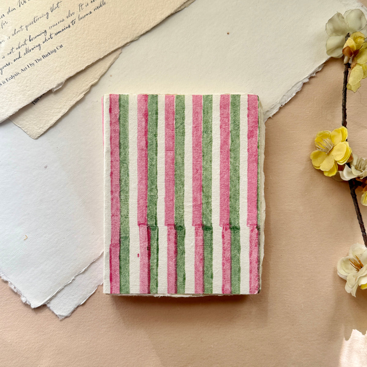 Matcha & rose mini Deckle edge notebook/ Block print