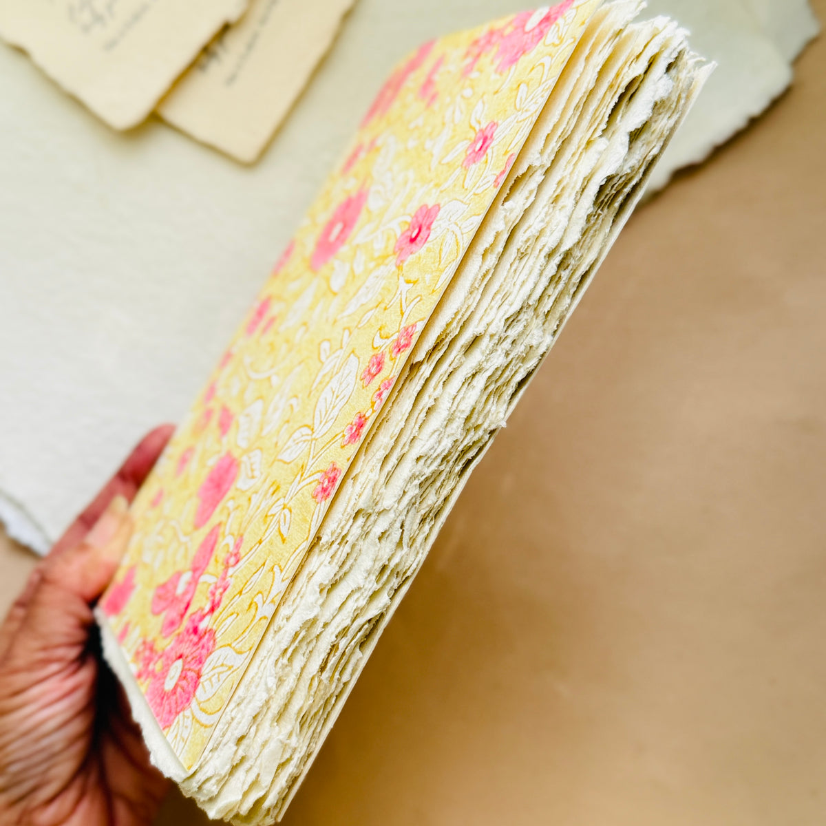 A5 Block Print Cover Deckle Edge Journal- Blush Bloom