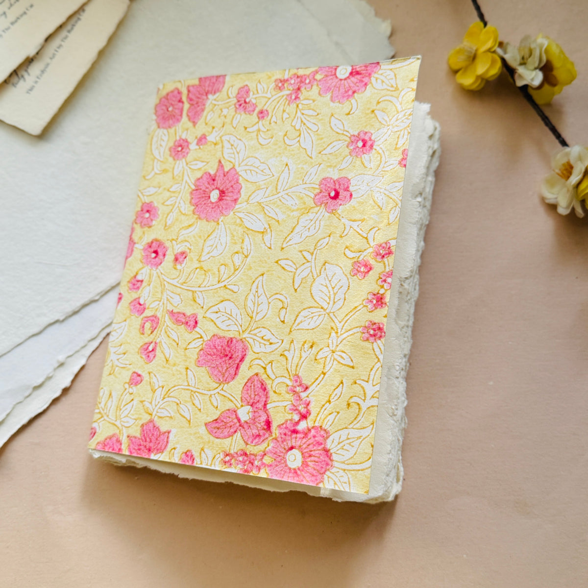 A5 Block Print Cover Deckle Edge Journal- Blush Bloom