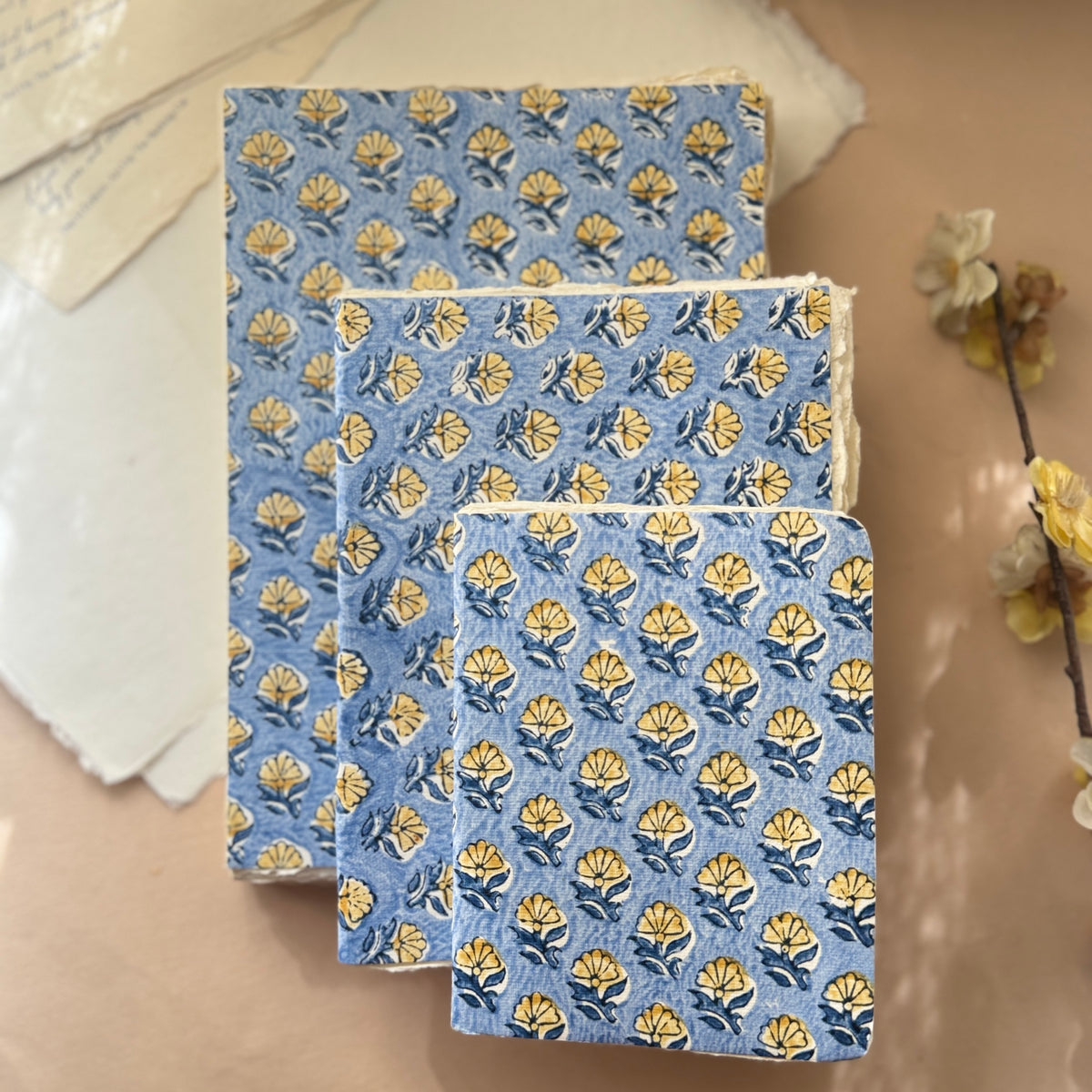 Block Print Cover Deckle Edge Journals- Blue Print (set of 3)