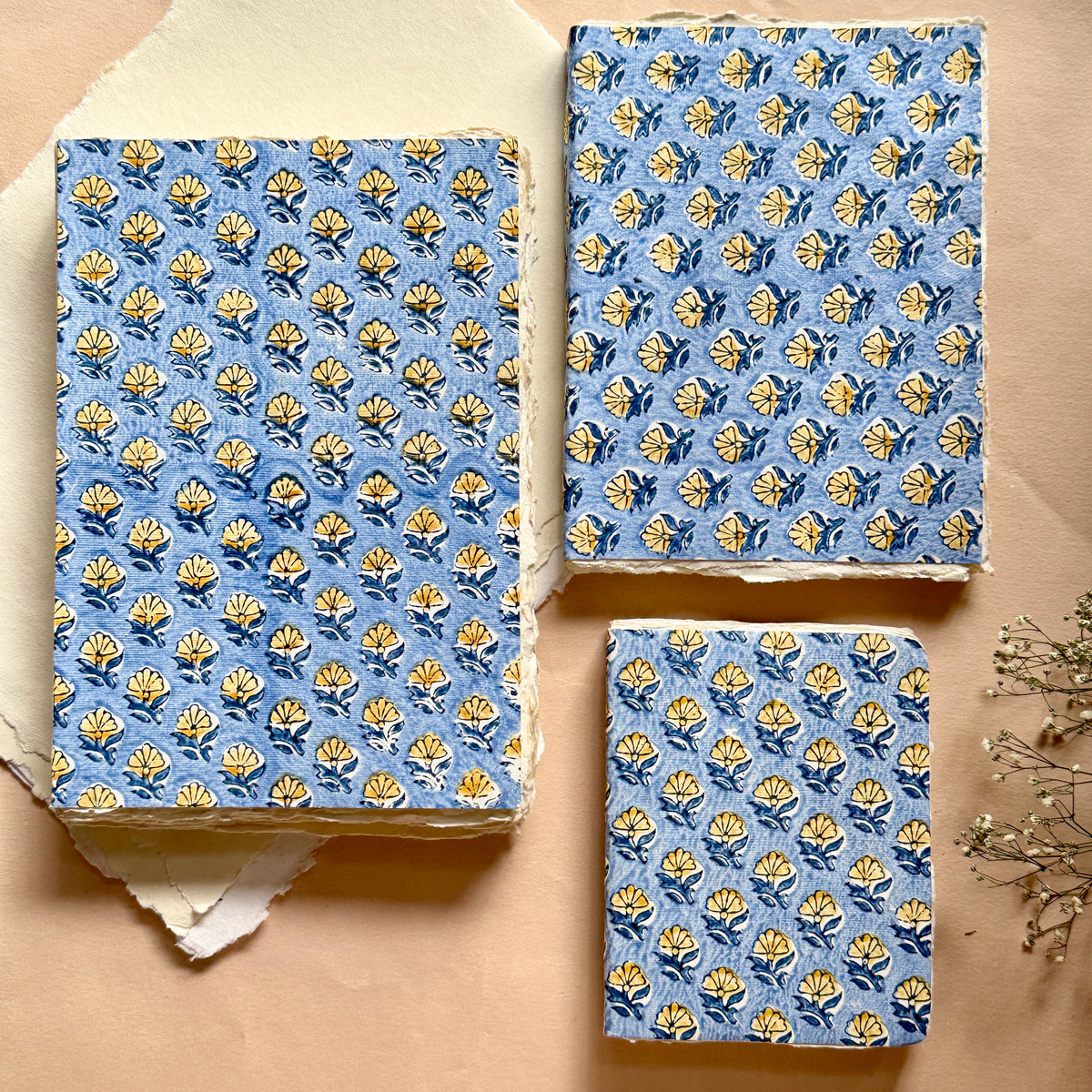 Block Print Cover Deckle Edge Journals- Blue Print (set of 3)