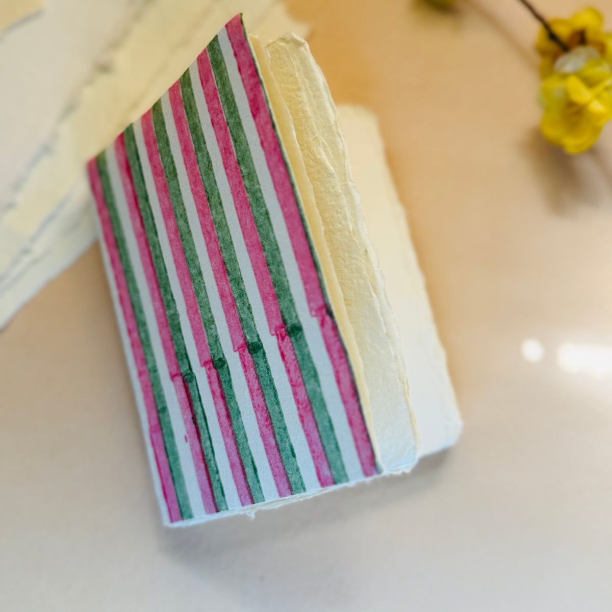 Matcha & rose mini Deckle edge notebook/ Block print