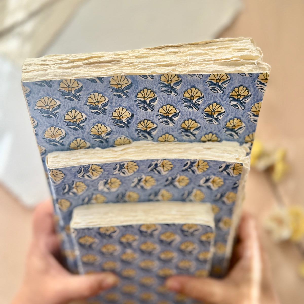 Block Print Cover Deckle Edge Journals- Blue Print (set of 3)