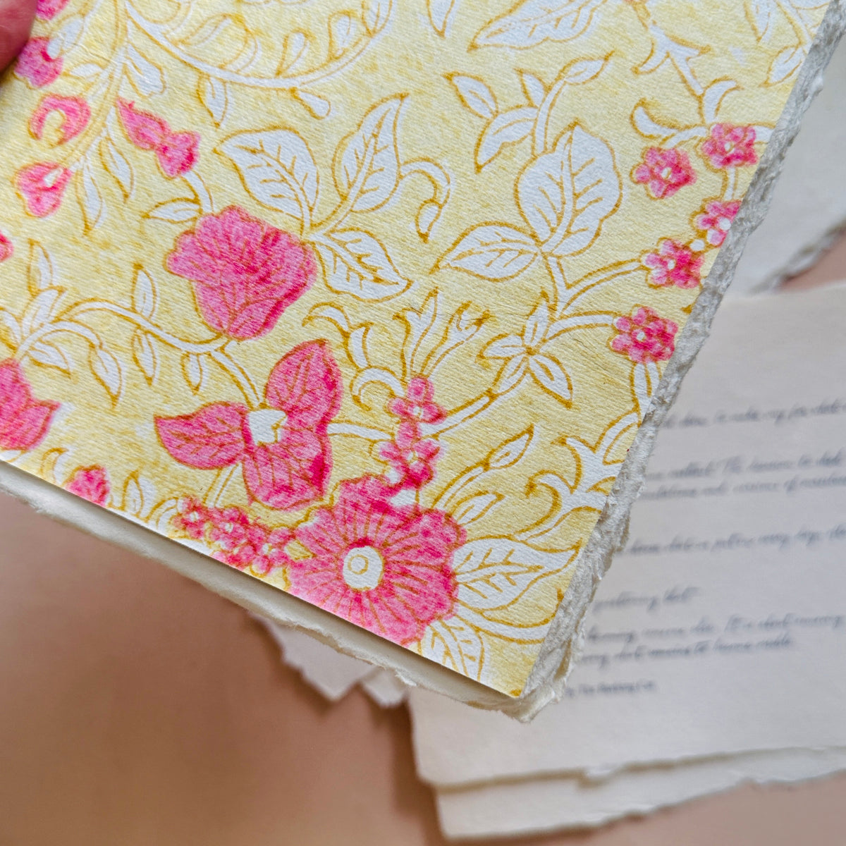 A5 Block Print Cover Deckle Edge Journal- Blush Bloom