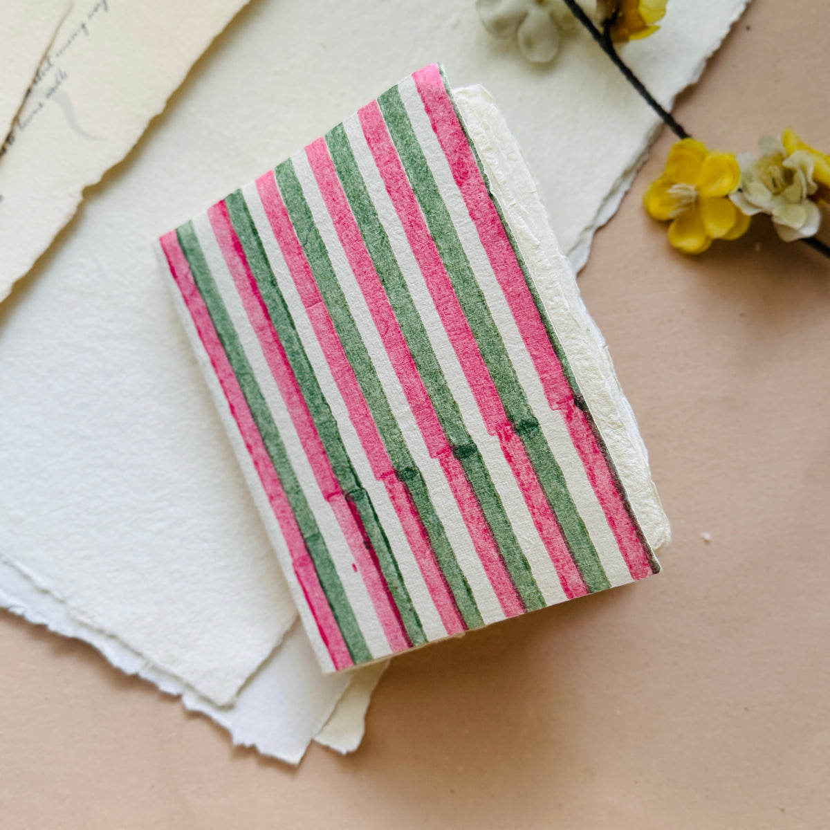 Matcha & rose mini Deckle edge notebook/ Block print