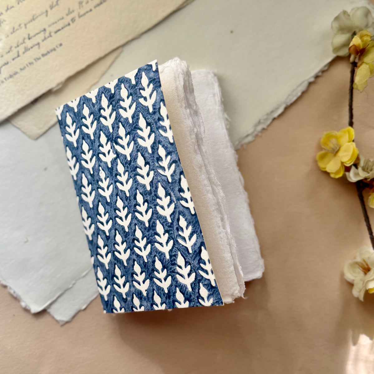 True blue mini Deckle edge notebook/ Block print