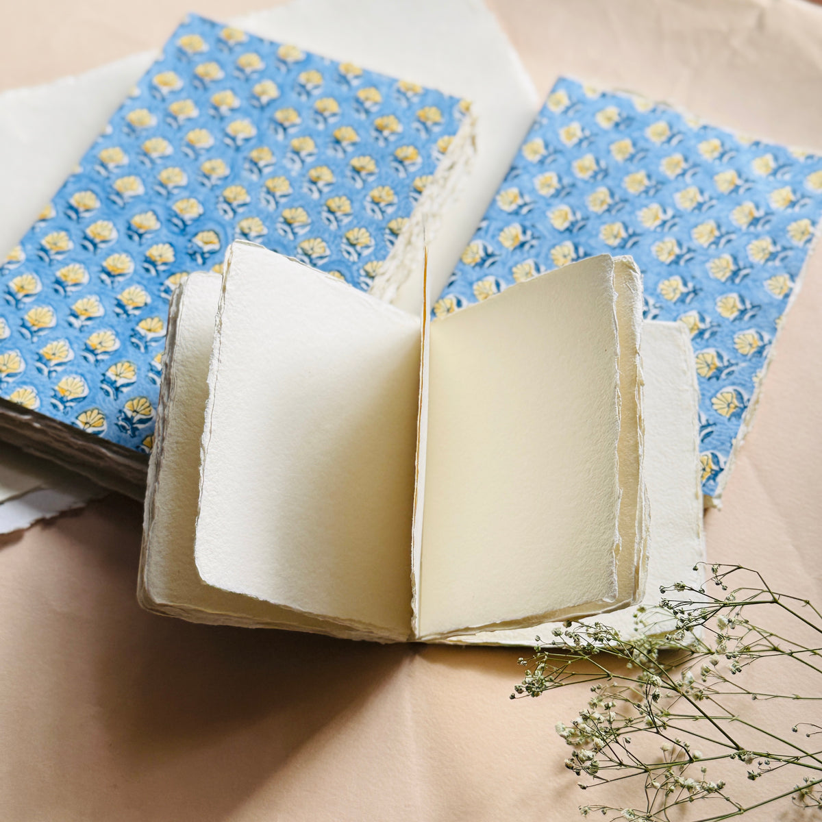 Block Print Cover Deckle Edge Journals- Blue Print (set of 3)
