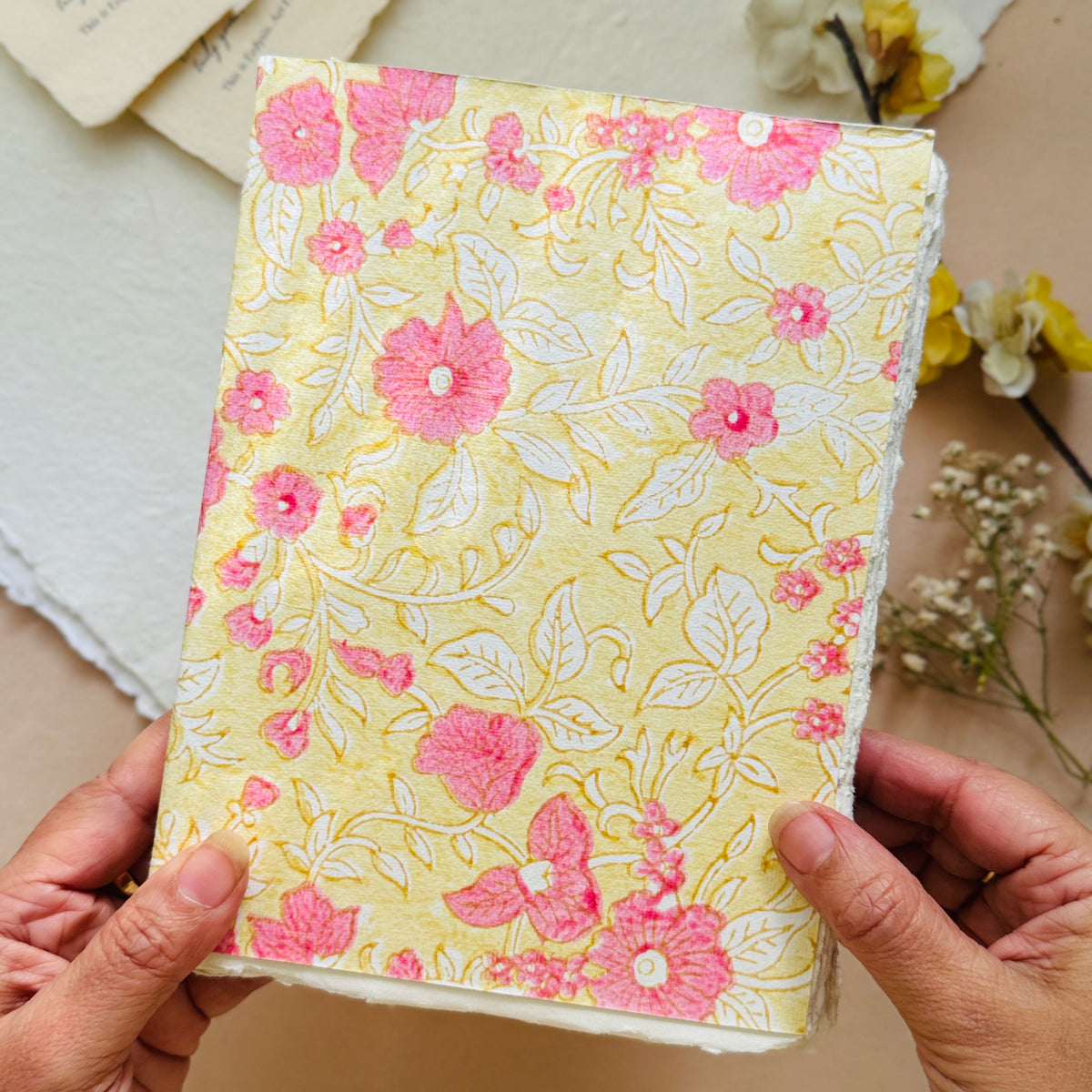 A5 Block Print Cover Deckle Edge Journal- Blush Bloom