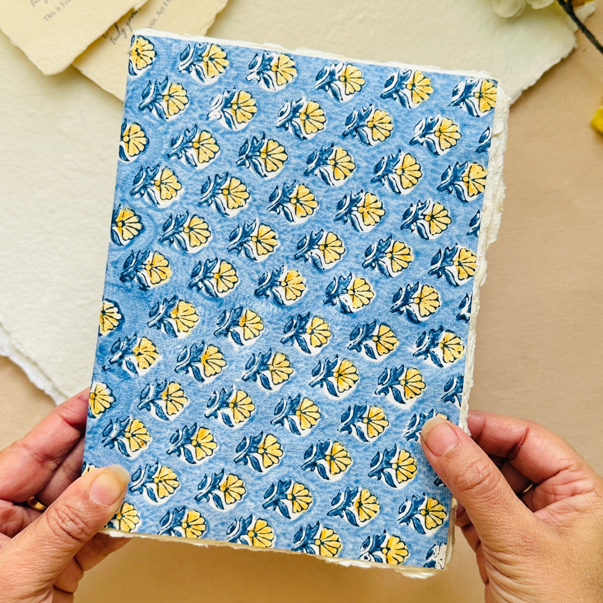A5 Block Print Cover Deckle Edge Journal- Blue Print