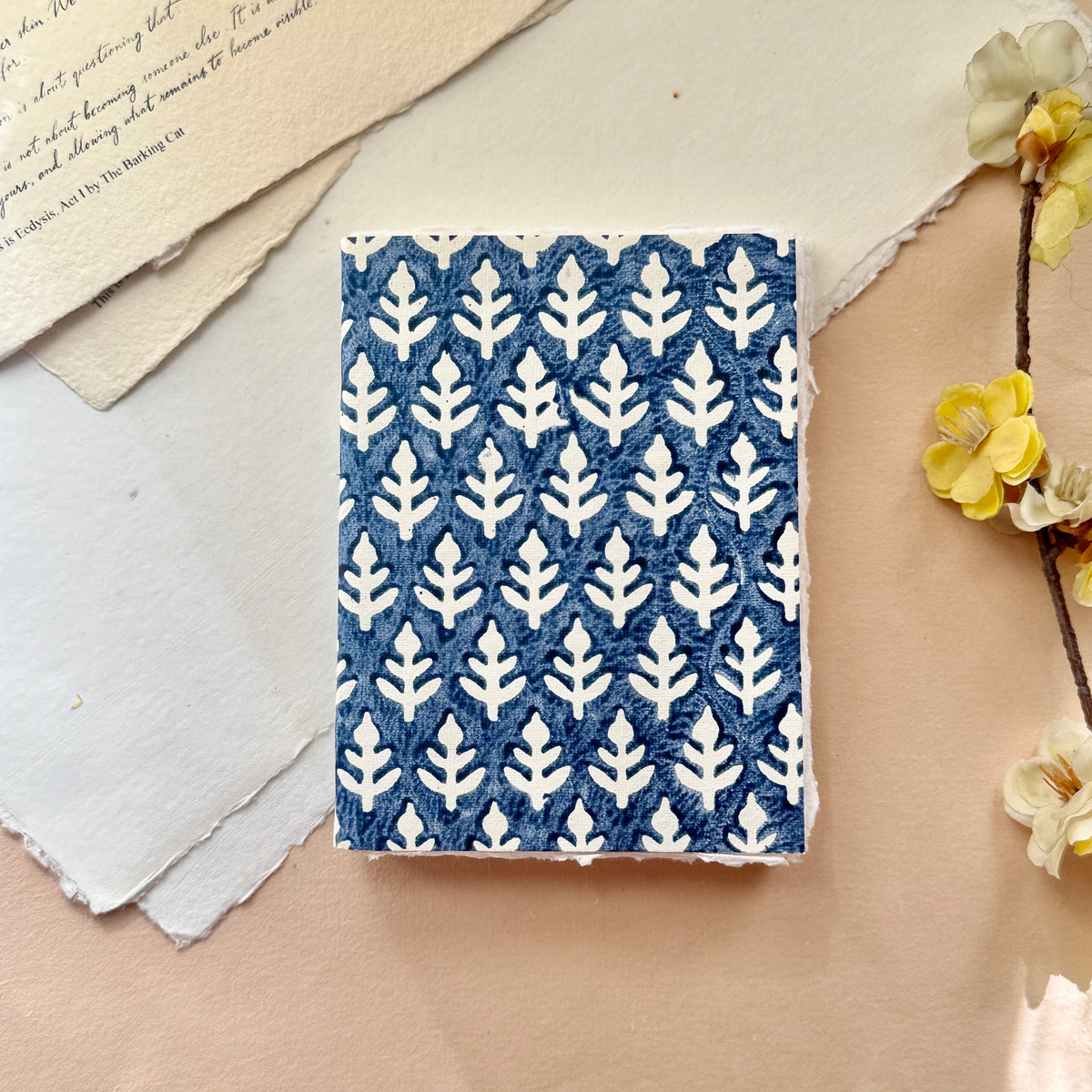 True blue mini Deckle edge notebook/ Block print