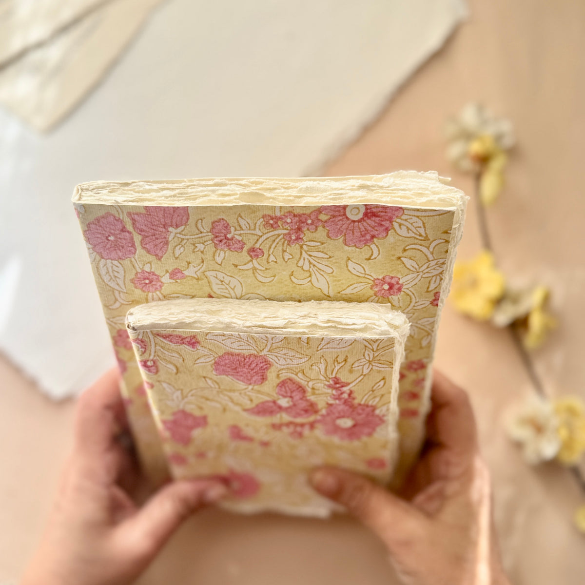 Block Print Deckle Edge ART Journals - Blush Bloom ( set of 2)