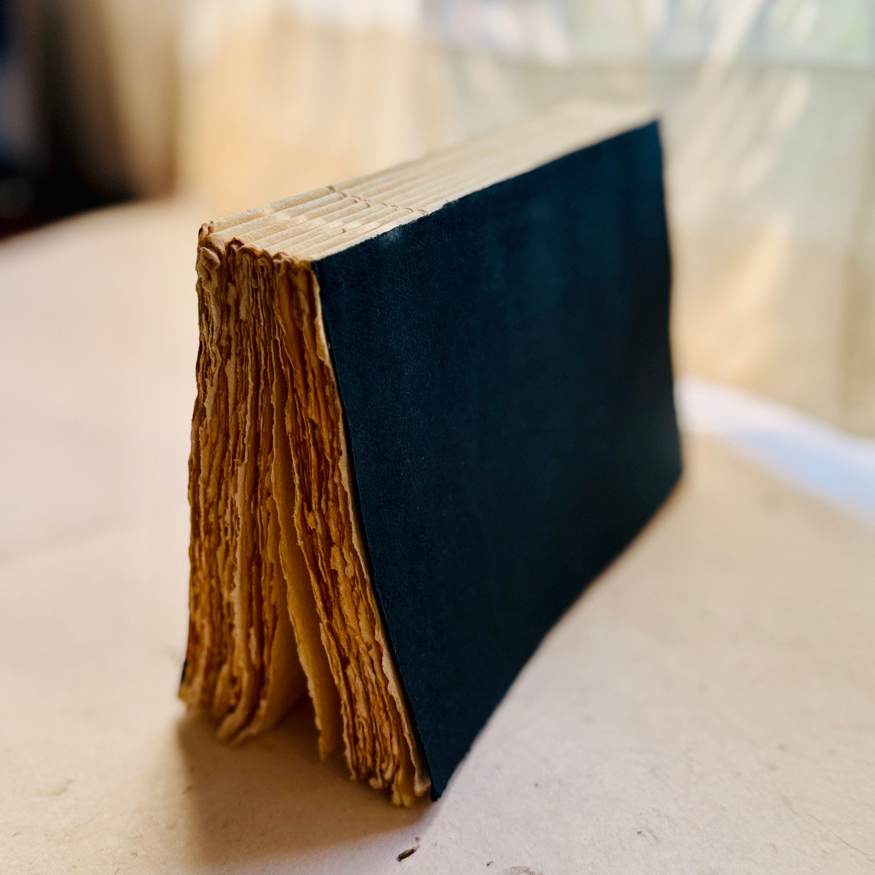 A vintage-style book or notebook with a dark navy blue cover and heavily worn, frayed tan paper edges, standing on a light beige surface with a softly blurred background.