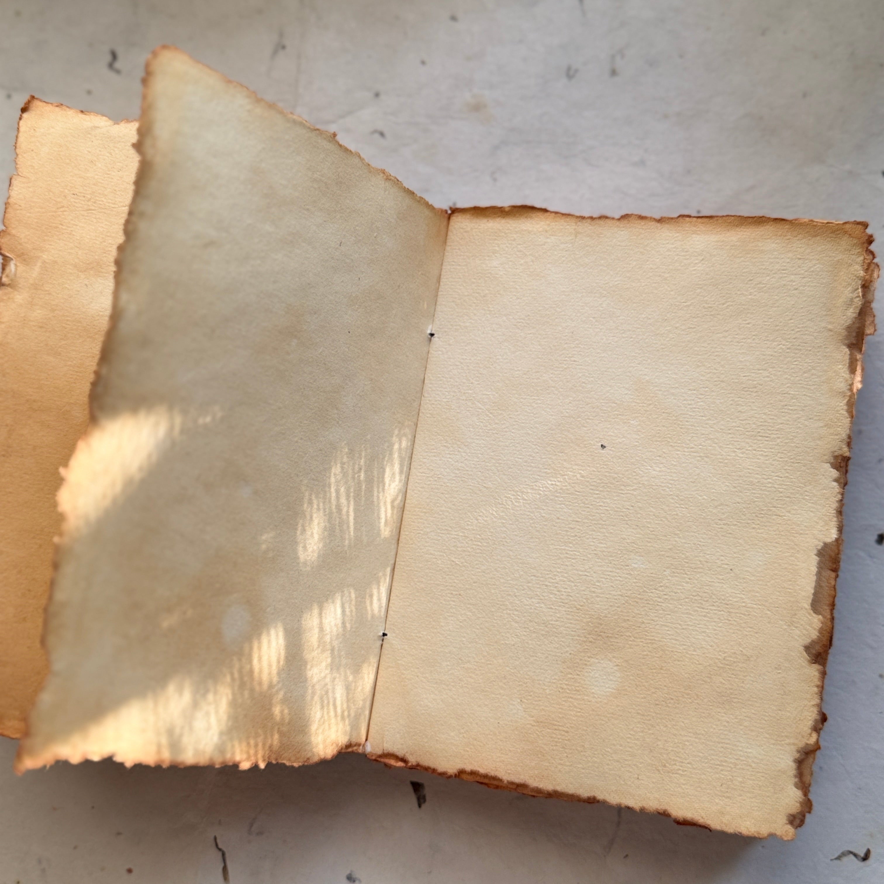 An open vintage-style book or notebook with blank, aged tan pages and dark brown burnt edges, resting on a light textured surface.
