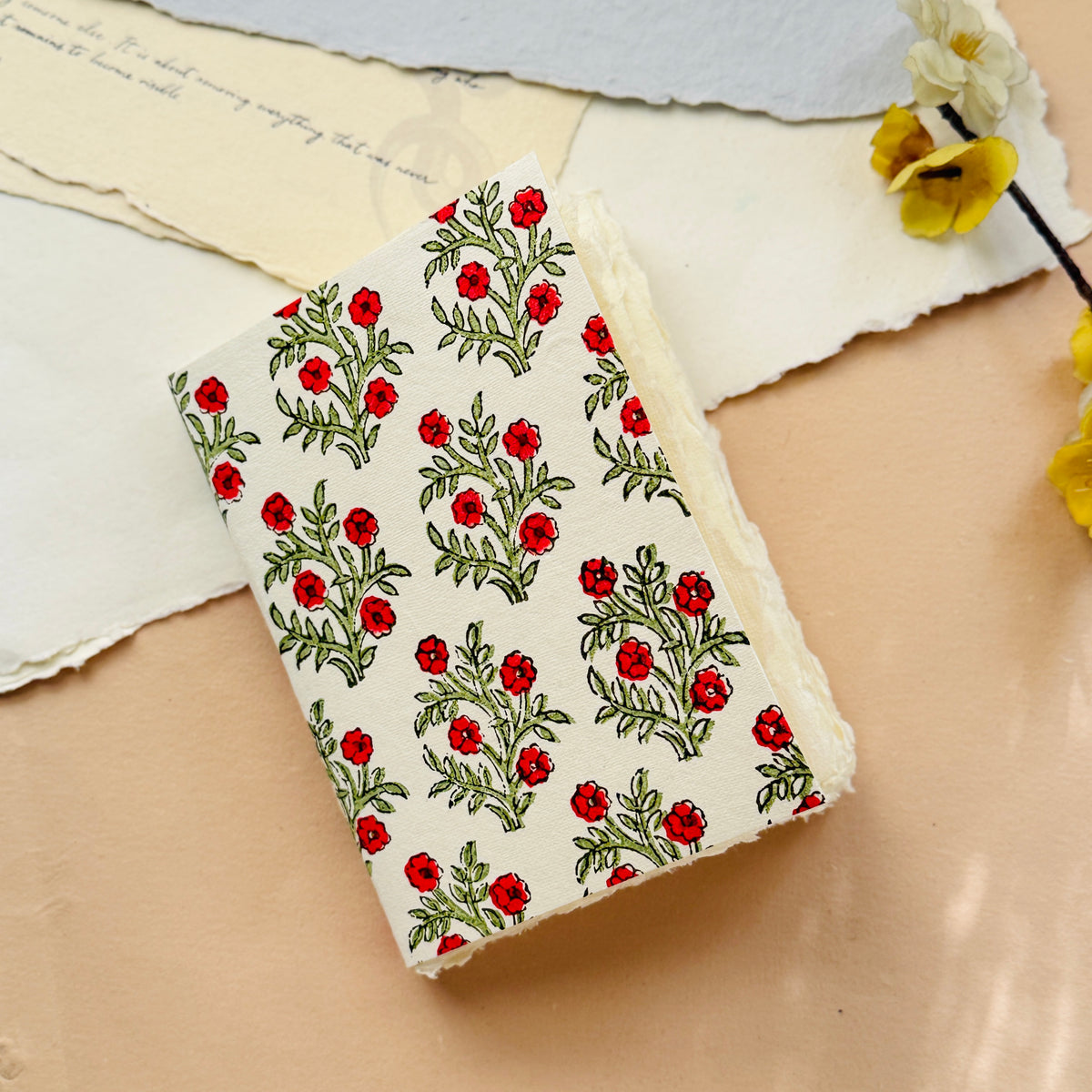 A6 Deckle edge notebook/ Block print- Full Bloom