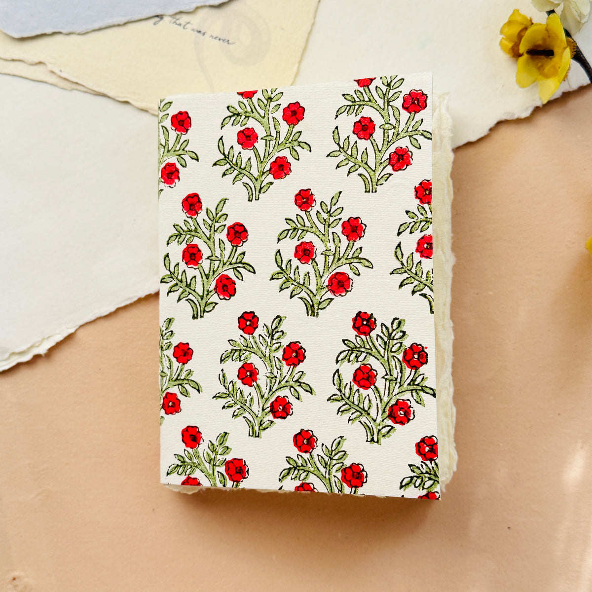 A6 Deckle edge notebook/ Block print- Full Bloom