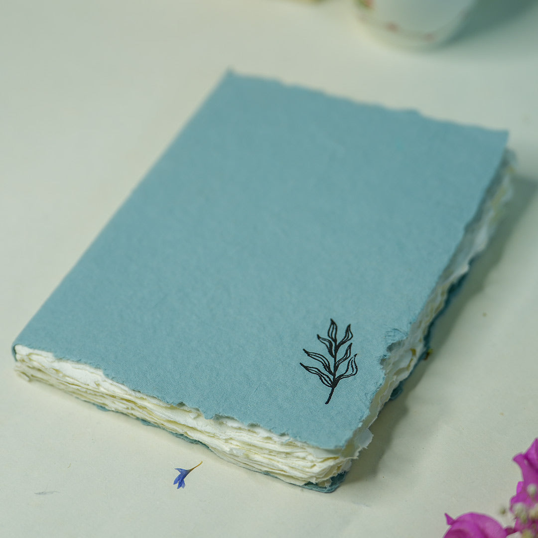 Handmade Tropical flower Deckle Edge Paper Notebook ( Aqua )